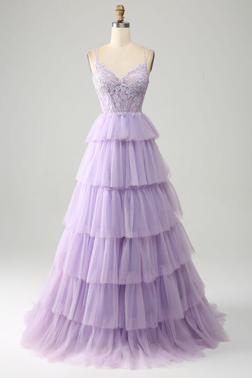 Tulle lilla a più livelli Principessa Corsetto Prom Dress con appliques